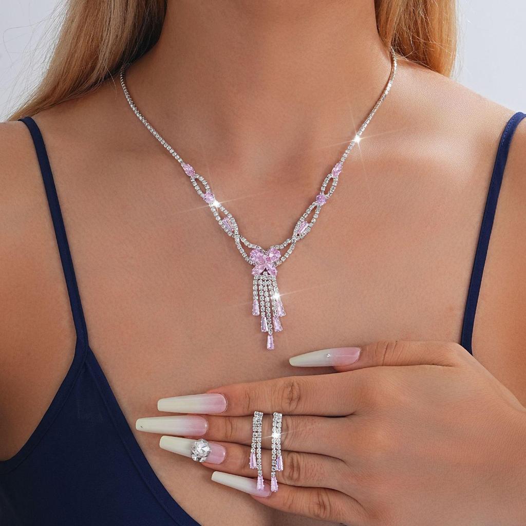 European-American Rhinestone Teardrop Necklace & Earring Set: Korean-Style Bridal Temperament Collarbone Chain Jewelry for Women