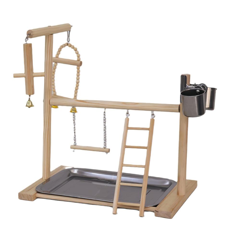 Solid Wood Parrot Playground: Bird Stand with Stainless Steel Food Box, Stick, and Ladder
