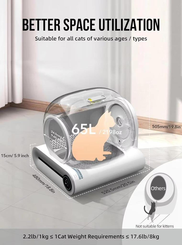 Tonepie 65L Automatic Smart Cat Litter Box Self Cleaning Fully Enclosed Cat Litter Box Pet Litter Tray