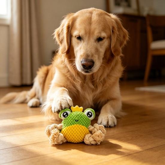 Plush Frog Dog Toy Interactive Tug-of-War Toy Squeaky Stuffed Frog with Rope Knots Chew Toy for Dogs Puppy Teething