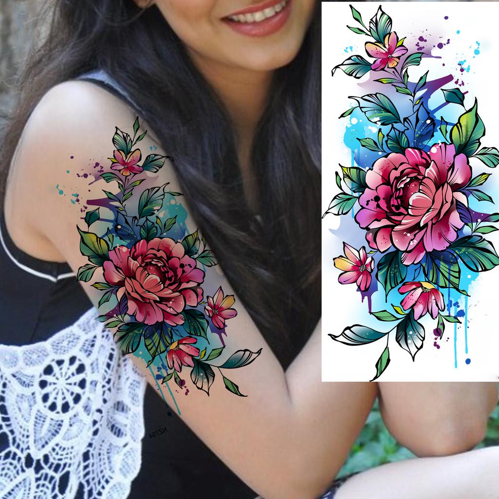 1 Sheet Butterfly Watercolor Flower Tiger Temporary Tattoos For Women Men Adults Fake Phoenix Parrot Lotus Tattoo Sticker Sleeve