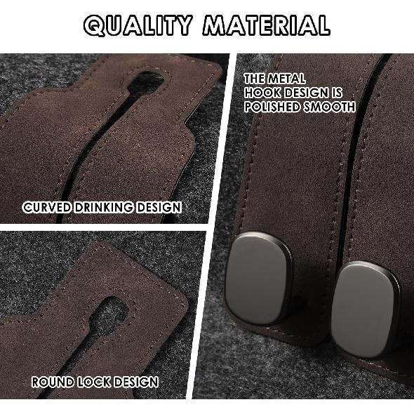 KINIVA Car Seat Headrest Storage Hooks, Set Of 4, Suede PU Leather, Double Hooks (Brown-4 Pack)