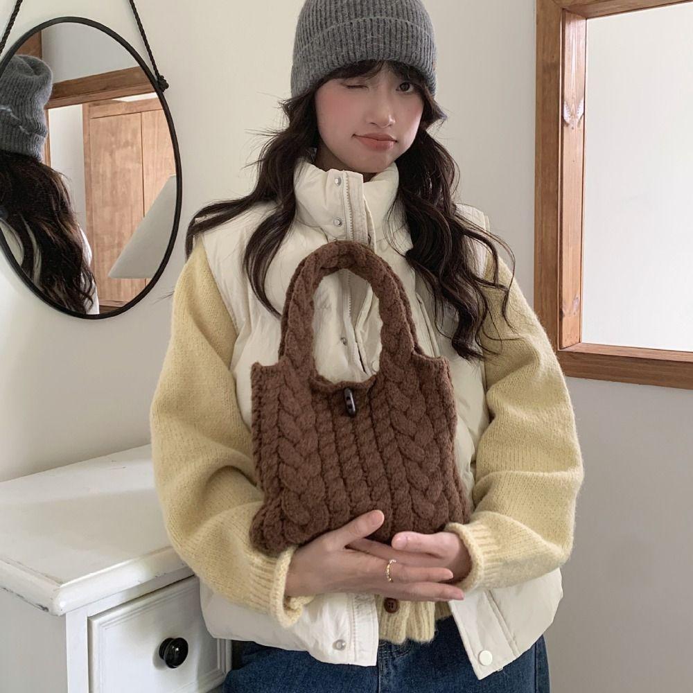 Cow Horn Button Twists Knitted Handbag Multicolor Knitted Wrist Bag Weave Woolen Bag Shopping Bag