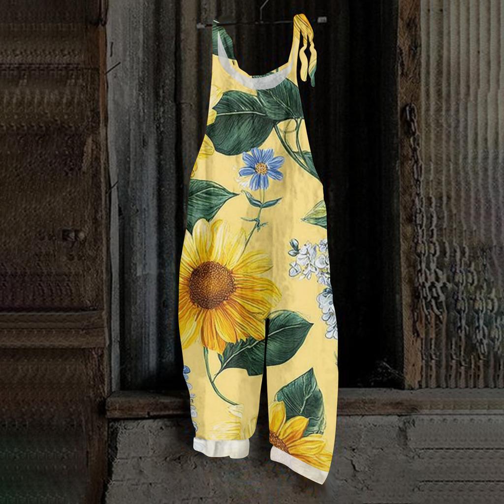 Tuta da donna stampata casual ampia vintage con spalline in cotone e lino