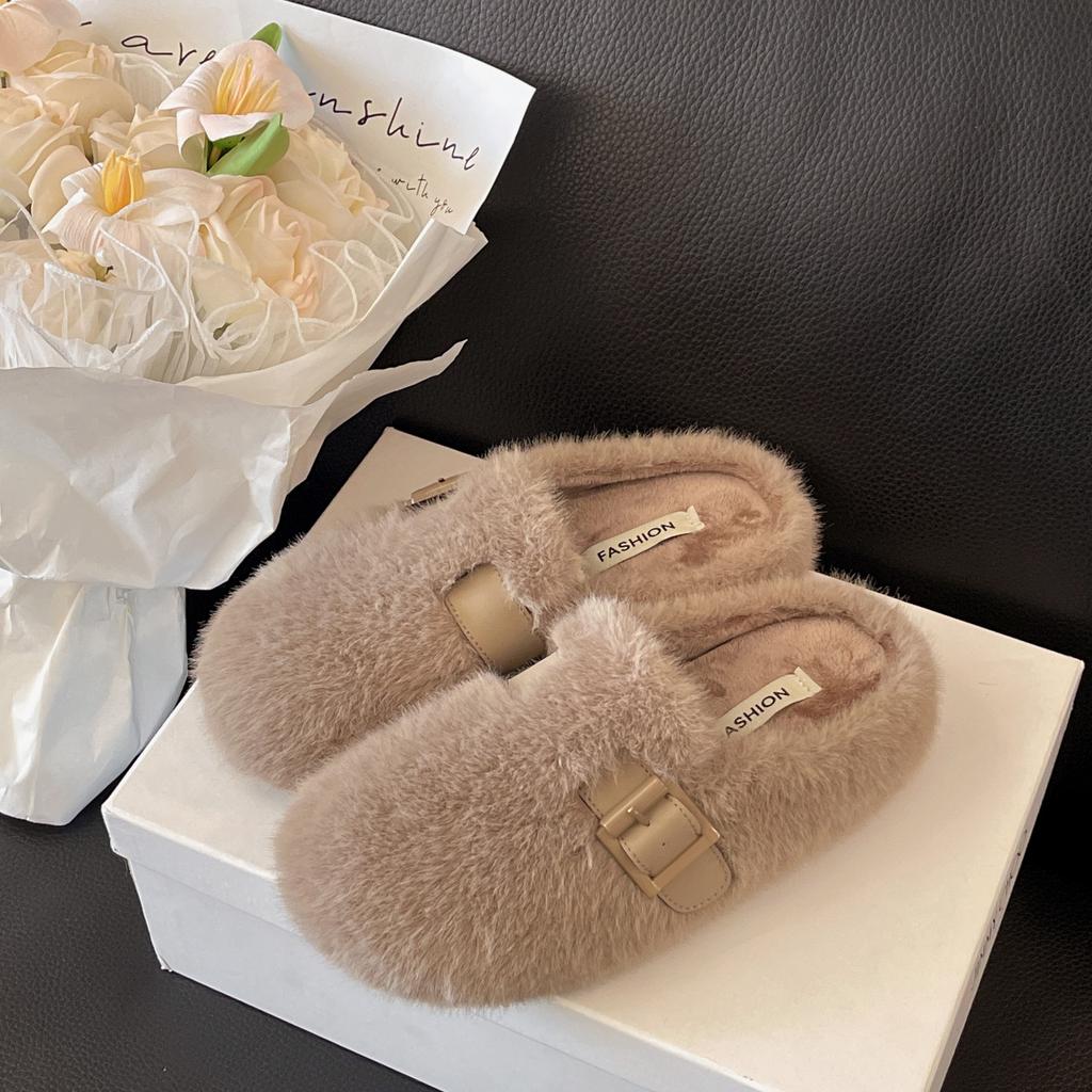 2025 new autumn and winter high-end plush cotton slippers = fashionable bag head fluffy slippers for women