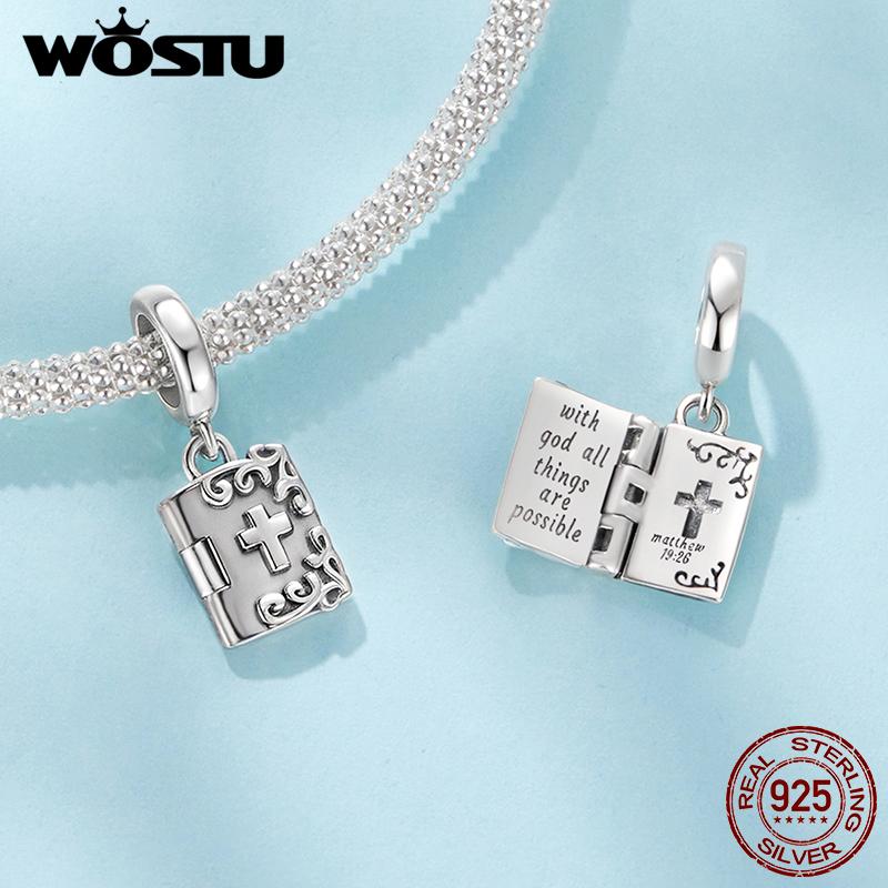 WOSTU 925 Silver Religious Openable Bible Book Charm Cross Faith Pendant Celtic Knot bead Fir Bracelet DIY Family Gift