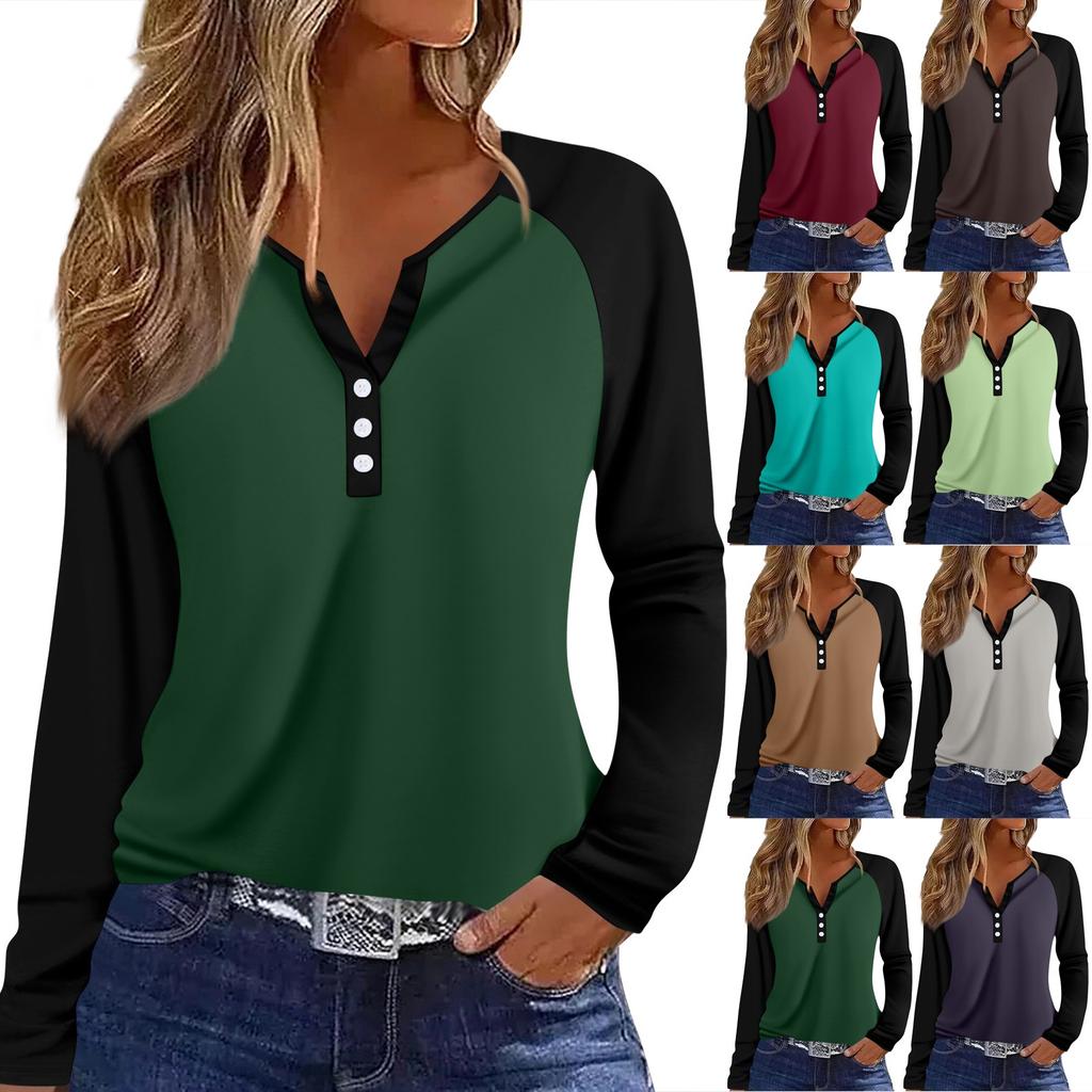 Women's T Shirt Color Block Button Long Sleeve Daily Weekend Fashion Basic V- Neck Regular Top
