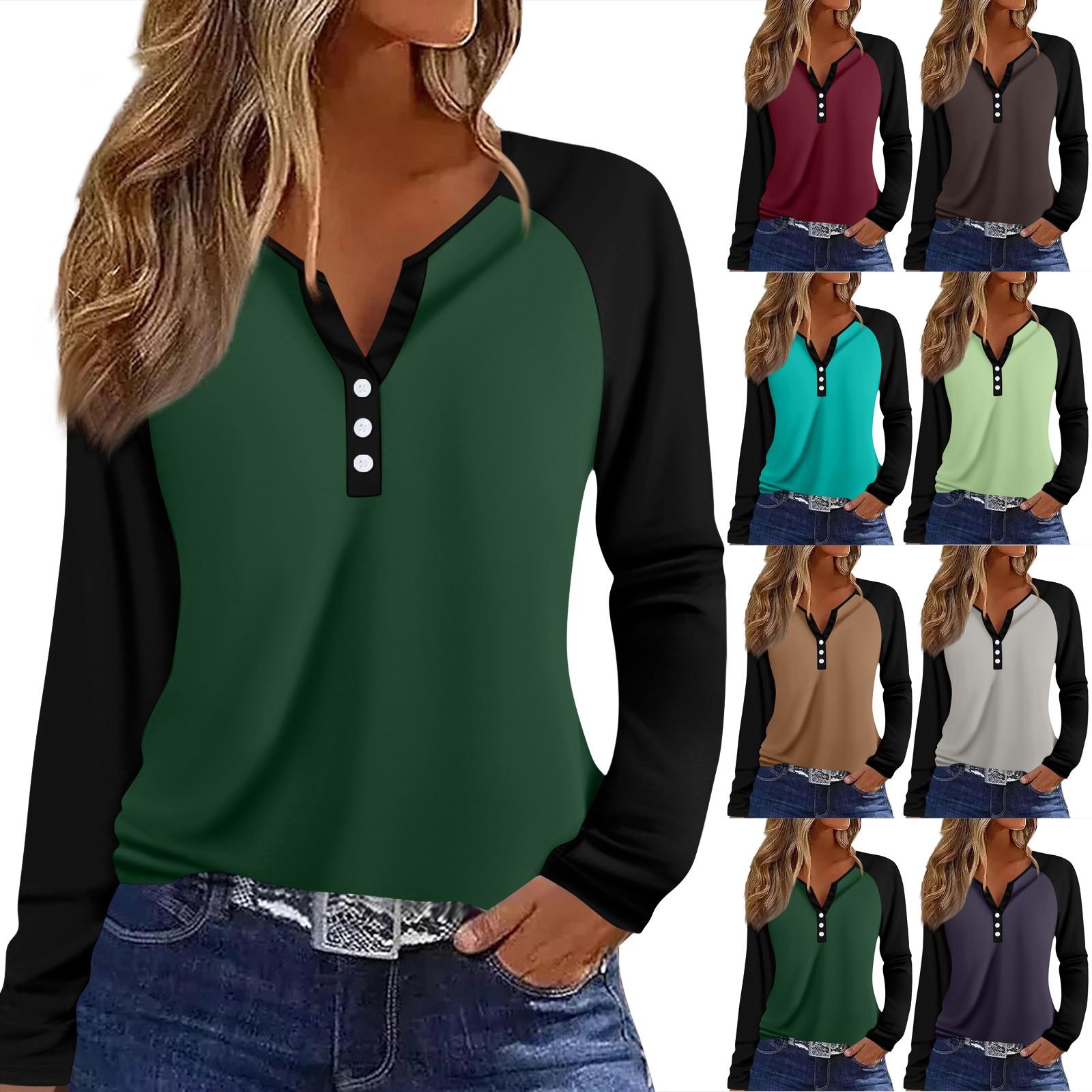 

Women s T Shirt Color Block Button Long Sleeve Daily Weekend Fashion Basic V- Neck Regular Top XXL