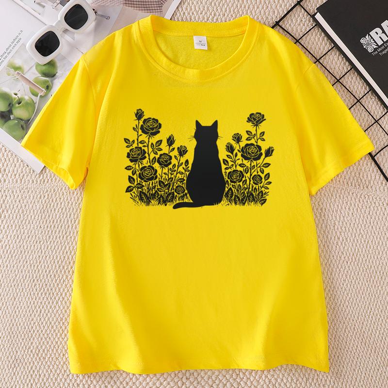 Vintage Comfort Y2k Cat T Shirt Unisex Ladies Cute Kitten Tee Pressed Flowers Tshirt Casuashort Sleeve Round Neck Tee