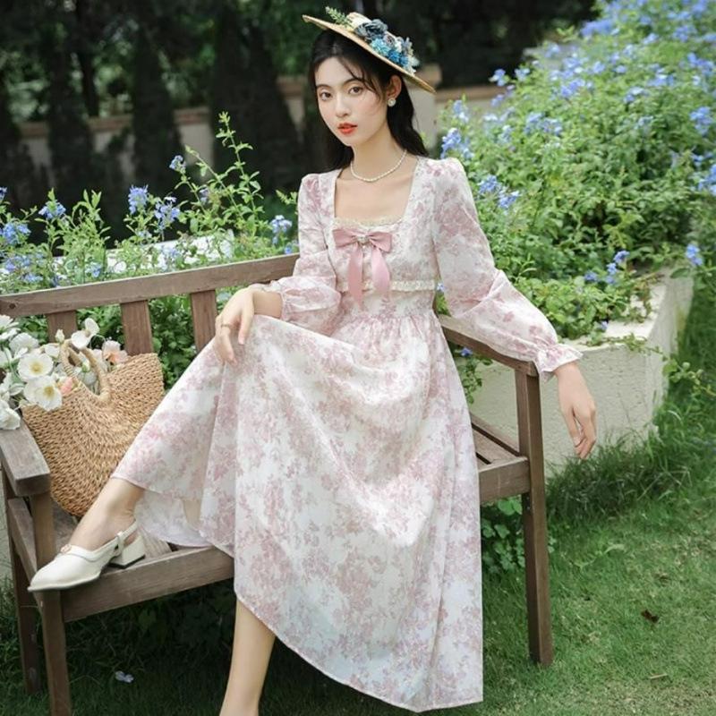 Women s French Floral Long Sleeve Autumn Dress - Elegant Waist-Cinched Maxi Skirt S