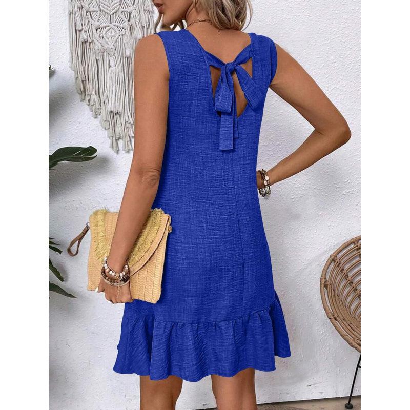 Lace-up crew neck sleeveless vest casual dress women's 2026 summer ruffle edge elegant beach vest skirt