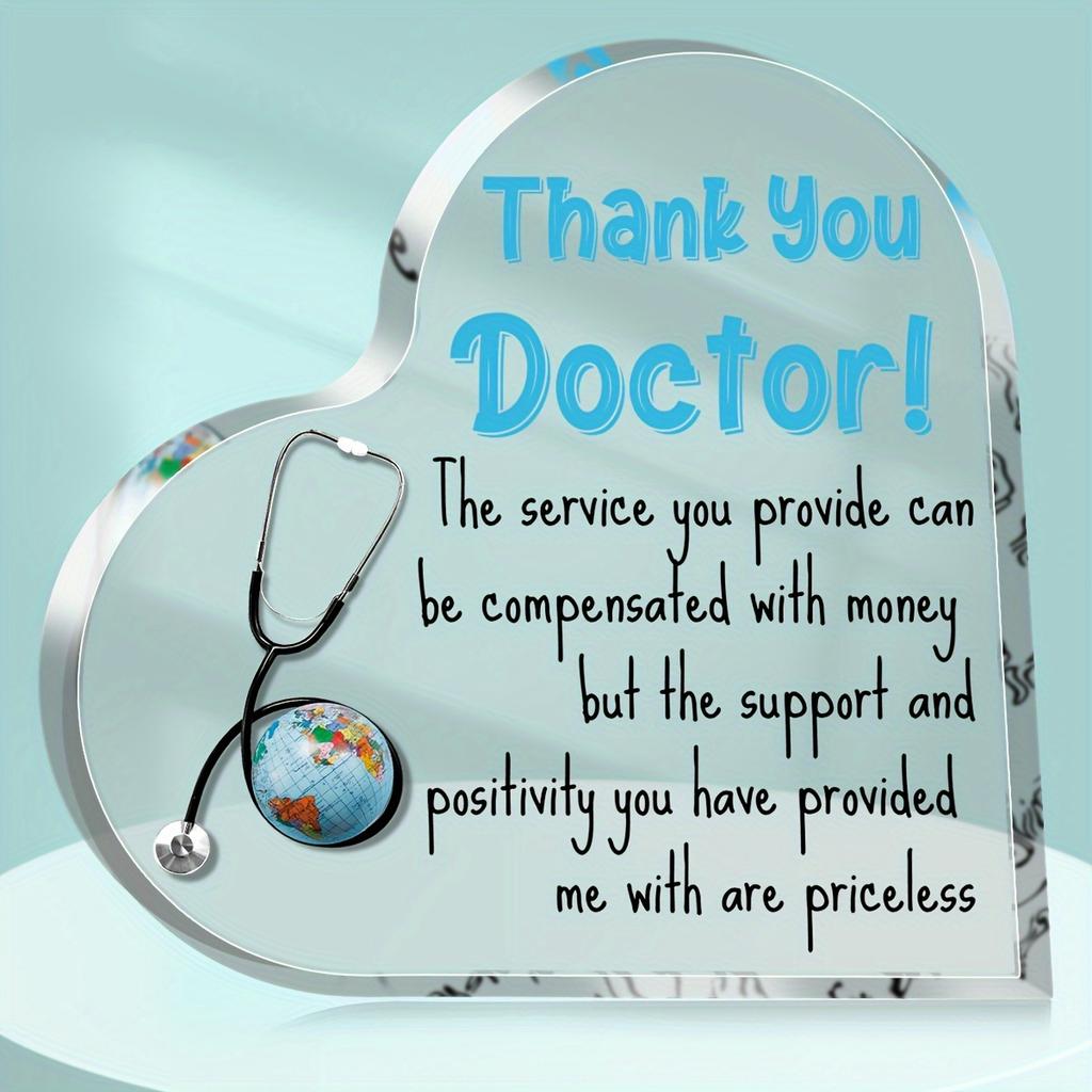 2D Flat, Heartfelt Thank You Doctor Gift - Heart Shaped Acrylic Desk Decor Sign with World Map & Stethoscope Design, Contemporary Office/Home Decor Fo