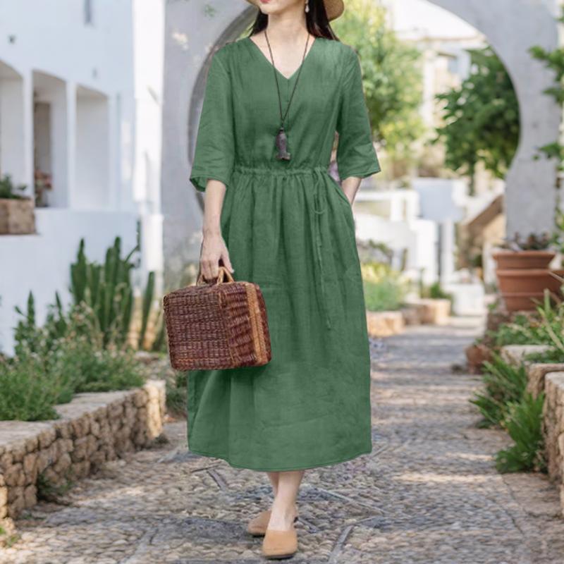 

ZANZEA Women Casual V-Neck Solid Color Summer 3/4 Sleeve Dress S зелений