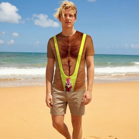 Chest Hair Toupee T-Shirt, Men Funny Muscle Shirt with False Chest Hair, Six Pack Ugly Muscle Tee, Loose Fit Shirt for Bachelor Party Carnivals