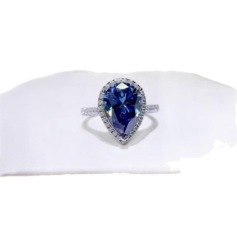5 Carat Blue Water Drop Moissanite Women's Pear Shape Diamond Ring - Stylish European & American Fashion Bestseller.