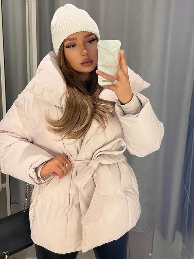 Women's Stand Up Collar Hooded Long Sleeved Zipper Glossy Thick Jacket for Winter