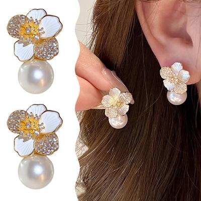 1Pair Sweet Flower Enamel Pearl Pendant Earrings For Women Girls  Jewelry Accessories Personalized Versatile Earrings