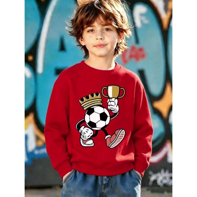 Kids Print Sweatshirt Crew Neck Sweatshirt, Spring/Autumn Cartoon Soccer Trendy Cool Sporty Style Printed Casual Sweatshirt 110 красный
