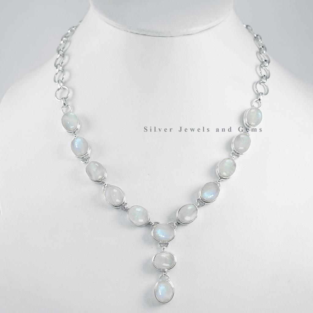 Natural Moonstone Necklace, 925 Sterling Silver Necklace, Birthday Necklace, Blue Fire Moonstone Necklace, Handmade Necklace