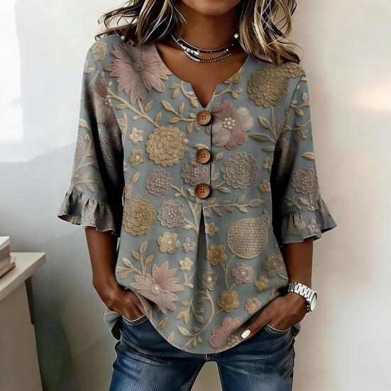 Women T-shirt Regular Fit V-Neck Half Sleeve Summer Tee 3D Digital Flower Print Pullover Tops Daily Wear