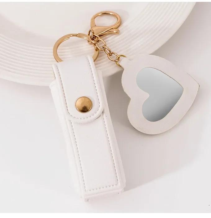 Custom Logo Name Key Chain Ring Small Versatile Keyring New Portable Lipstick Bag Packet Heart Mirror Keychain Mini Leather Gift