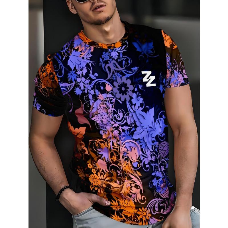 

Men s All-Over Print Streetwear T-Shirt - Breathable Short Sleeve Round Neck Summer Casual Top with Random Thorny Flower L