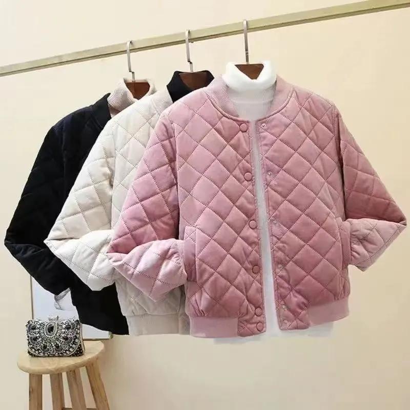 Women's Autumn and Winter Light and Thin Short Diamond Grid Cotton Jacket, Single Row Multi Button Casual Warm Jacket