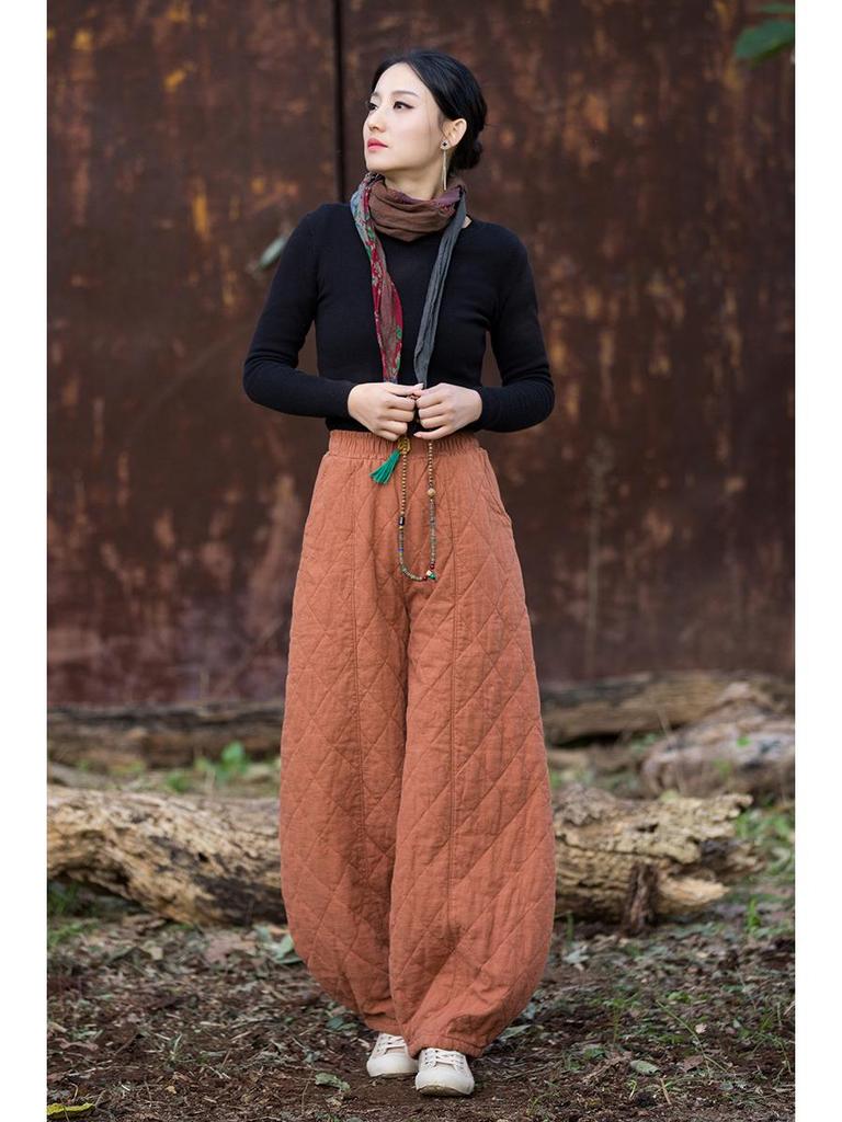 2025 Winter Women's Retro Quilted Diamond Pattern Lantern Pants - Thick Warm Cotton Linen