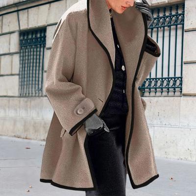 Women Fall Winter Jacket Loose Color Matching Lapel Long Sleeve Contrast Color Mid Length Pockets Cardigan Thick Warm Lady Streetwear Coat