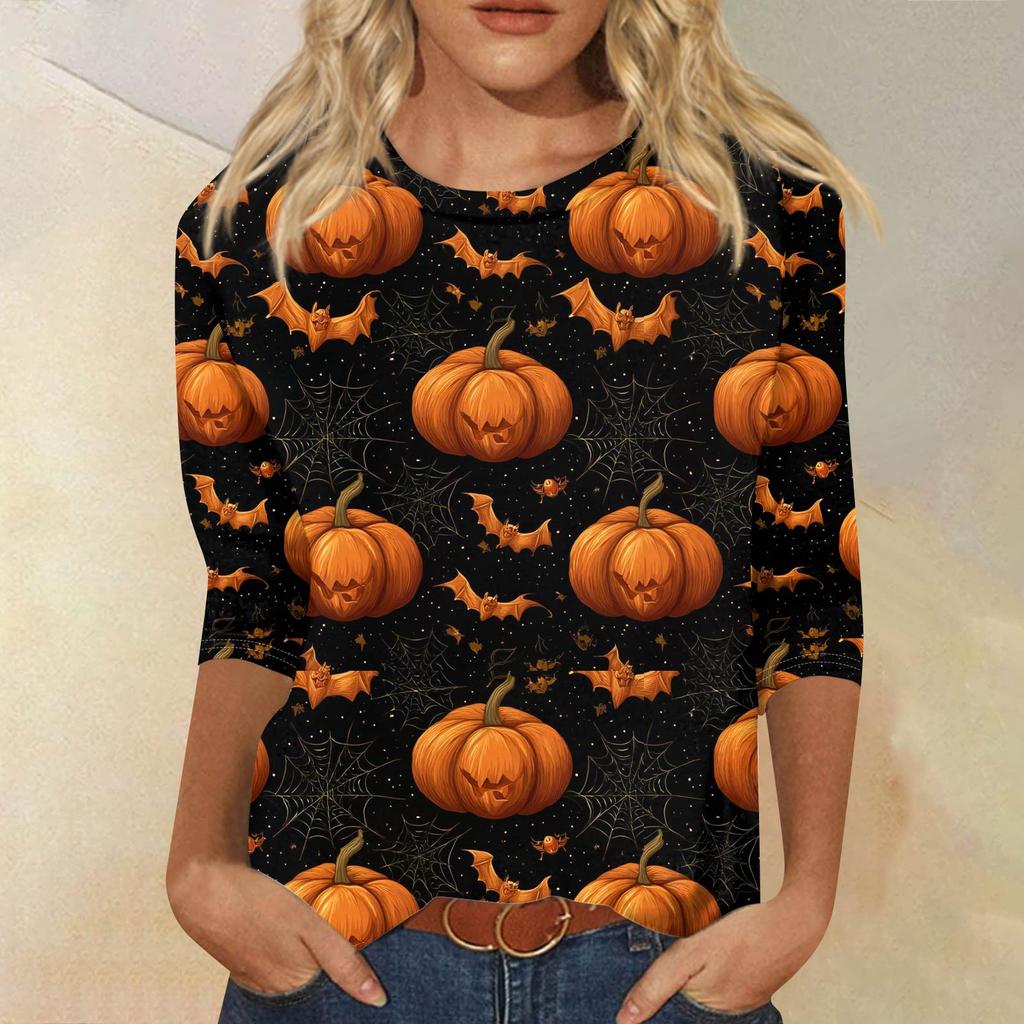 Dámské módní ležérní tričko s tříčtvrtečním rukávem a halloweenským potiskem, s kulatým výstřihem