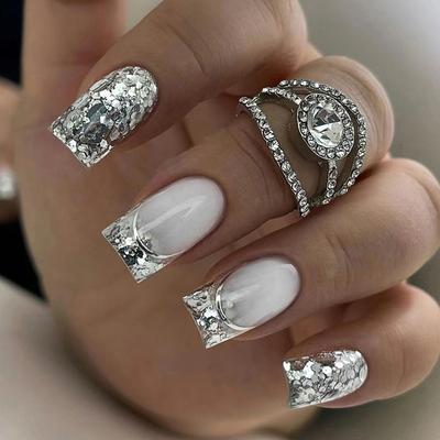 24 Pieces Medium and Long European Square Flash Silver Powder French Manicure European and American Fashion Ins Wind Bright Fake Nails