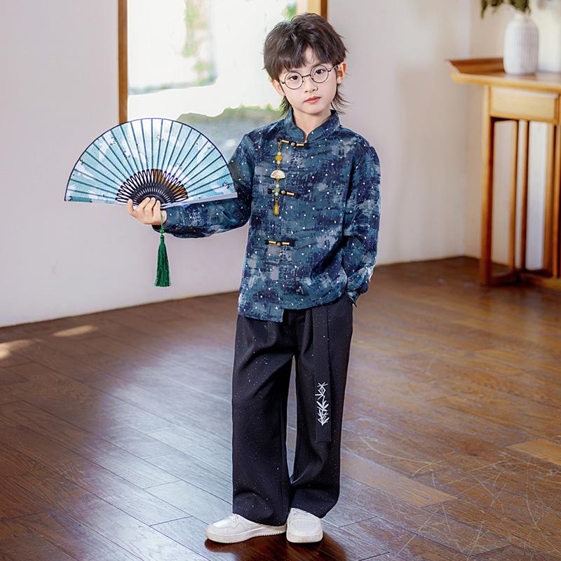 Boys' Traditional Hanfu Set: Stylish Outfit for Spring/Autumn, Perfect for Performances, Recitations, and First Birthdays.