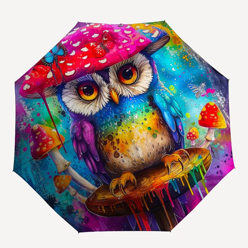 1 шт. Зонт-трость с рисунком грибов и сов, маленький, автоматический, складной, компактный, ветрозащитный, автоматическое открытие/закрытие, Подарок-091549