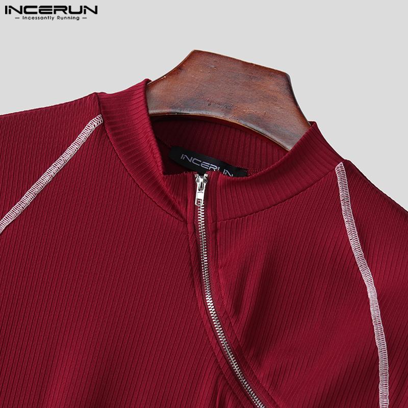 INCERUN Men Mockneck Long Sleeve Zip-up Hem Stitching Casual Fitted T-shirts Tops