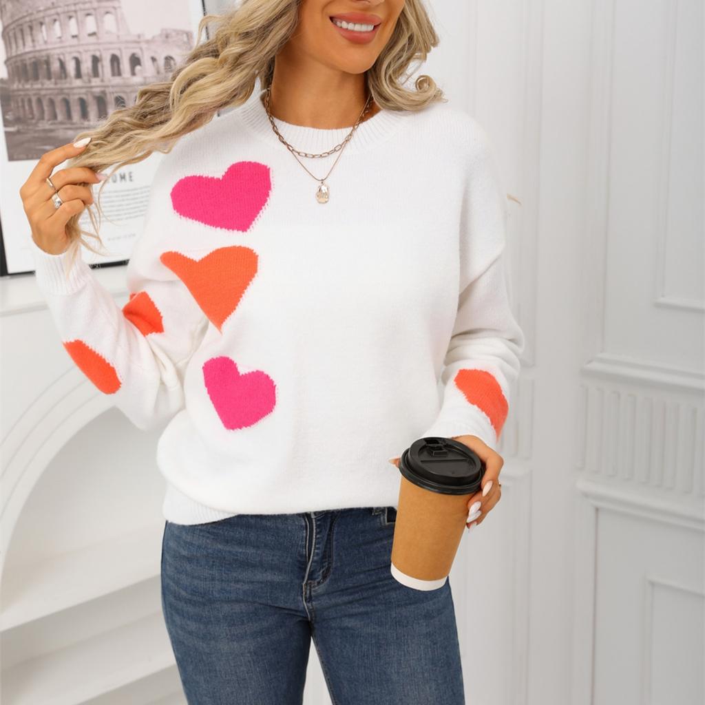 Damski modny sweter w kształcie serca, luźny i wszechstronny sweter dziergany na Walentynki