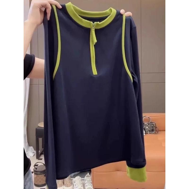 Spring and Autumn Half-zip Long-sleeved Everyday Versatile Cotton T-shirt Women's Autumn Contrasting Color Bottoming Shirt Top