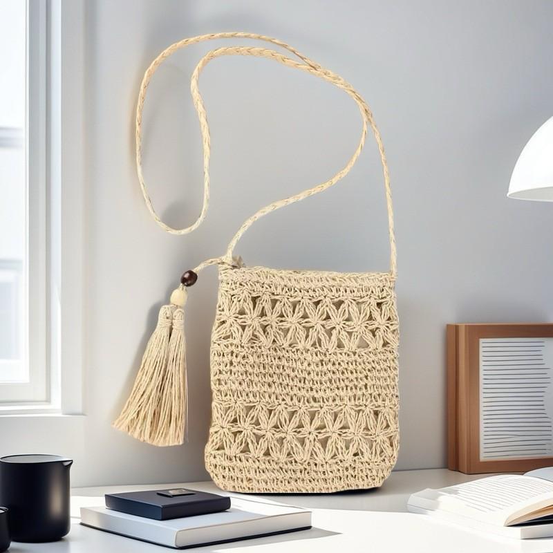 

Маленькая сумка с кисточками на заказ, плетеная из соломы, с镂镂, через плечо, пляжная, на плечо покинуть белый