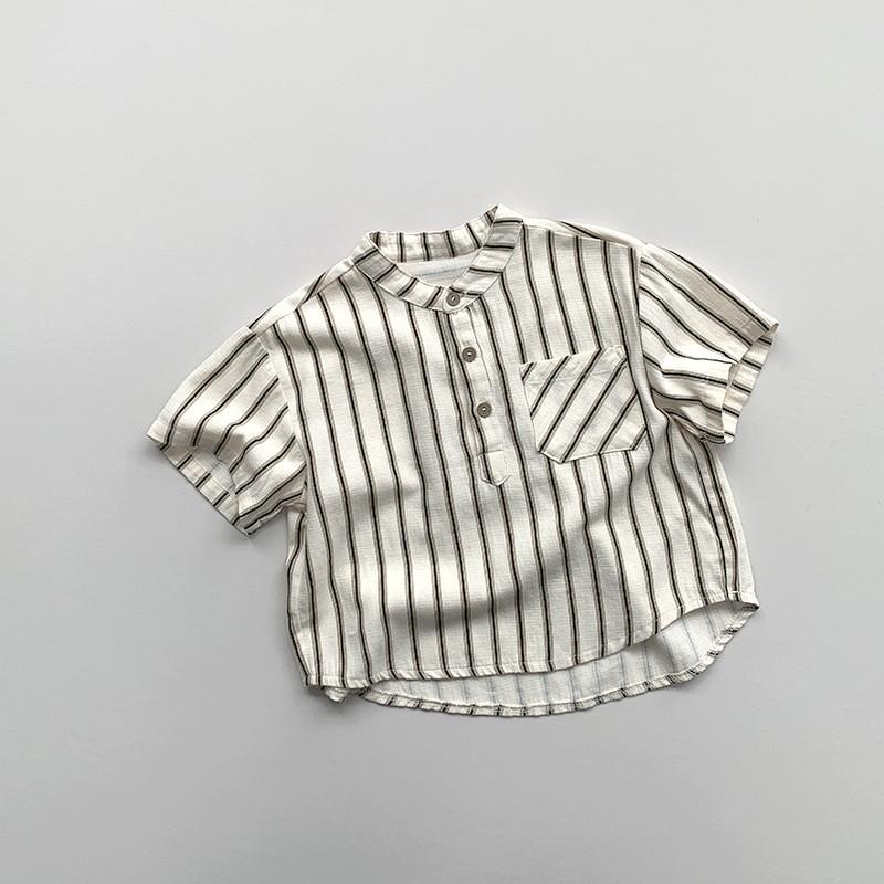Children's Summer Short Sleeve Shirt Middle Kids Stripe Standing Collar Comfortable Casual Tops