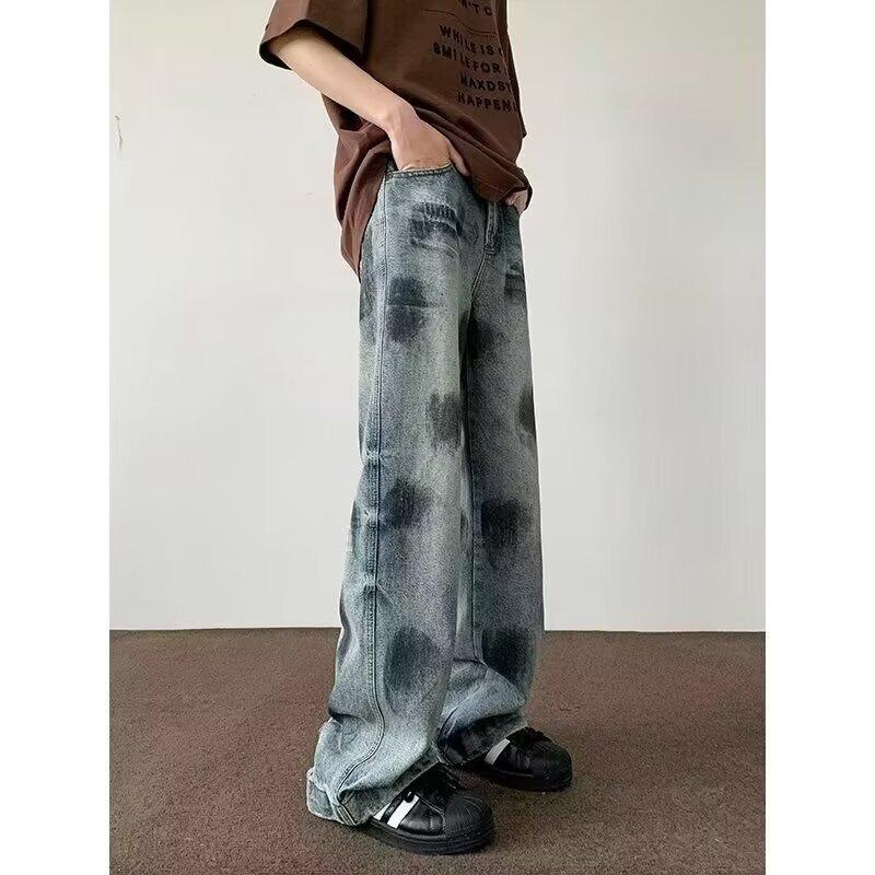 Hong Kong style new retro washed straight jeans men's street loose wide-leg trousers mid-waist trendy brand