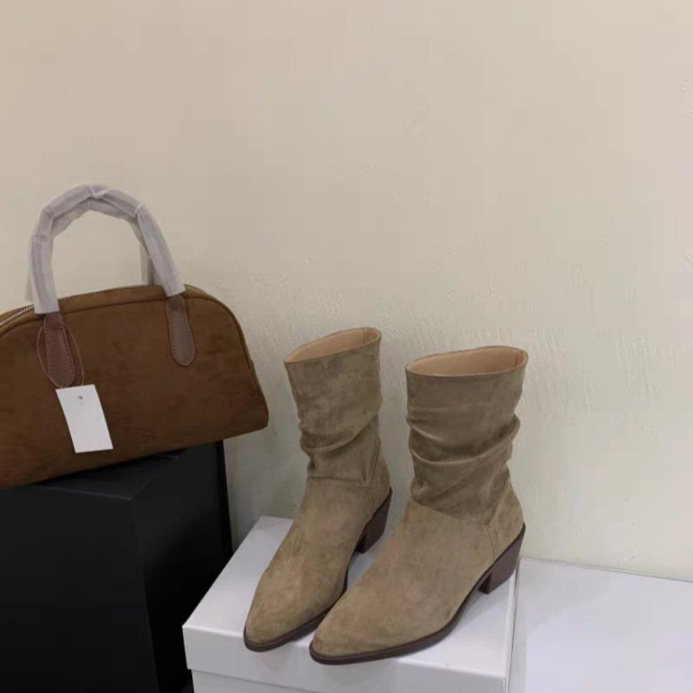 Suede Women's Mid-calf Boots Solid Color Mid-heeled Fashion Winter New Women's Pointed Toe All-match Pleated Fashion Boots