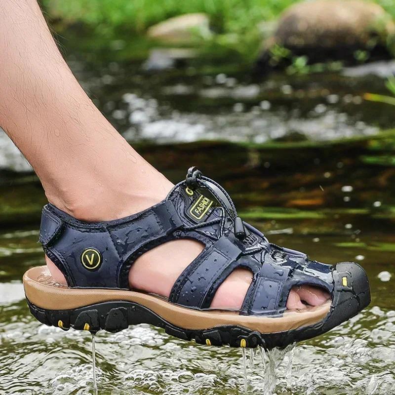 Fashion Summer Men Sandals Genuine Leather Mens Casual Shoes Outdoor Men Leather Sandals for Men Beach Shoes Roman Shoes Zapatillas Male