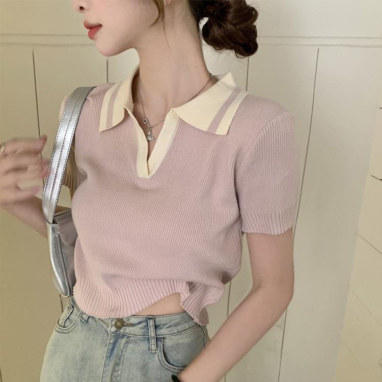Summer New Design Polo Neck Ice Silk Knitted Shirt Slim Sleeve Short Sleeve T-Shirt Women's Short Top