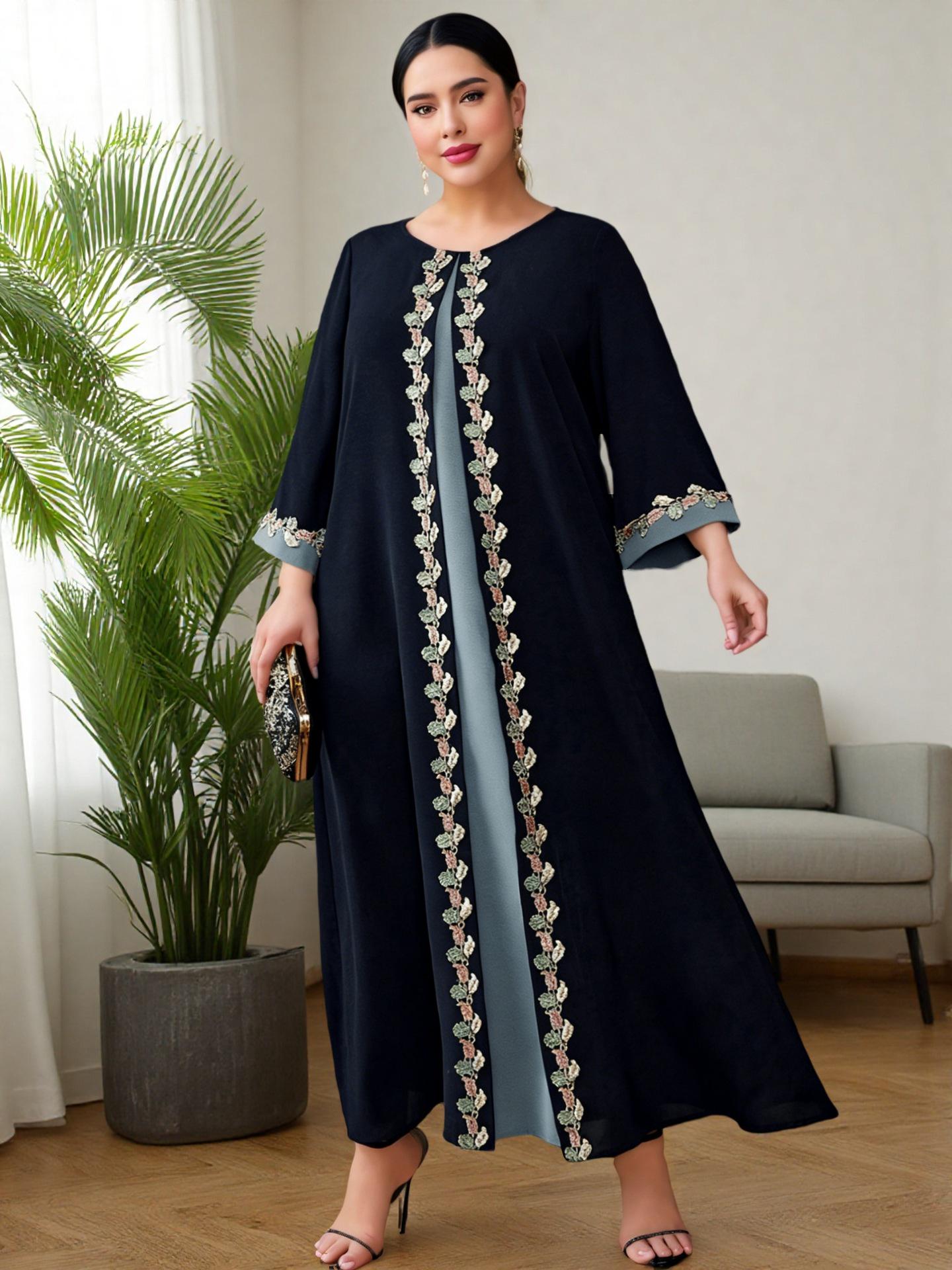 Dark Blue Embroidered Patchwork Abaya - Plus Size Slimming Dress L темно-синий