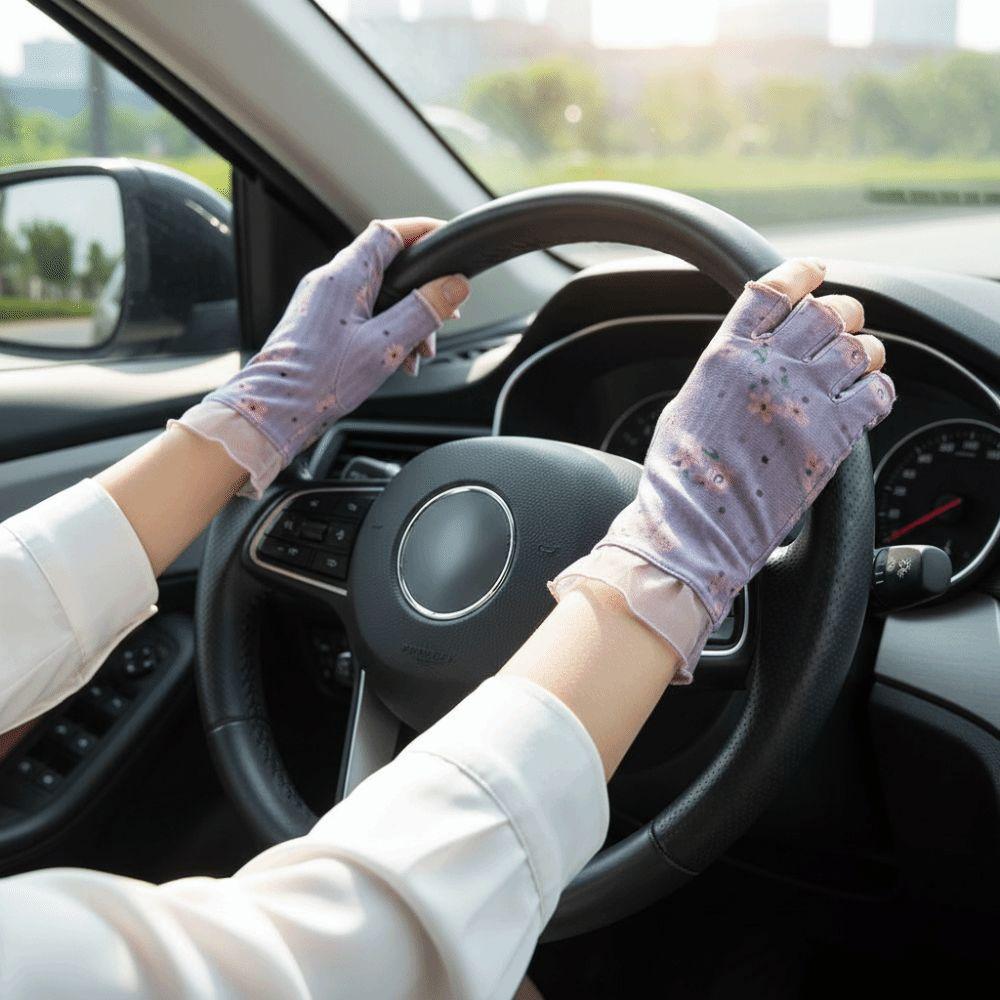 1 Pair Breathable Sunscreen Half-finger Gloves Quick Dry Silicone Anti Slip Lace Mesh Gloves Thin Sun Protection