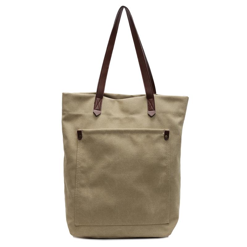Большая вместительная сумка-тоут женская однотонная холщовая сумка через плечо хаки