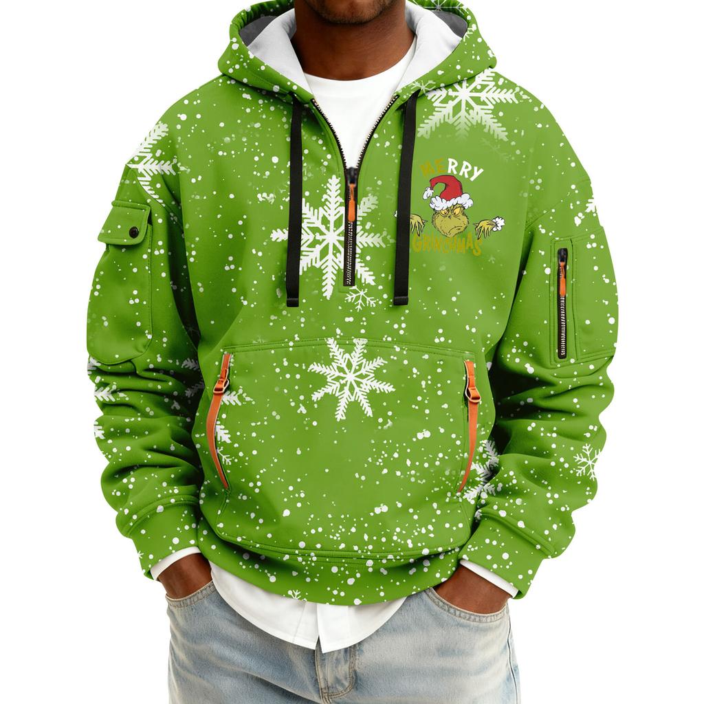 Men's Christmas Print Hooded Half-Zip Casual Sports Sweatshirt