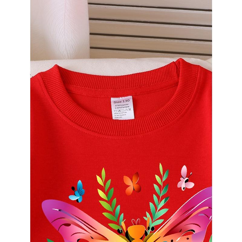 European Sizes Vibrant Dragonflies And Butterflies Crew Neck Sweatshirt for Girls, Autumn Winter Long-Sleeved Western Top.