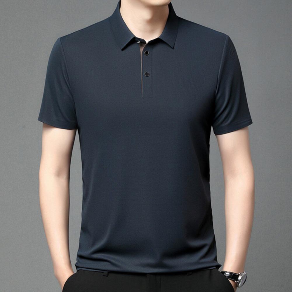 Men's Ice Silk Short Sleeved Lapel T-shirt Loose Business Casual Polo Shirt Summer Sweatshirt Top T-shirt Solid Color