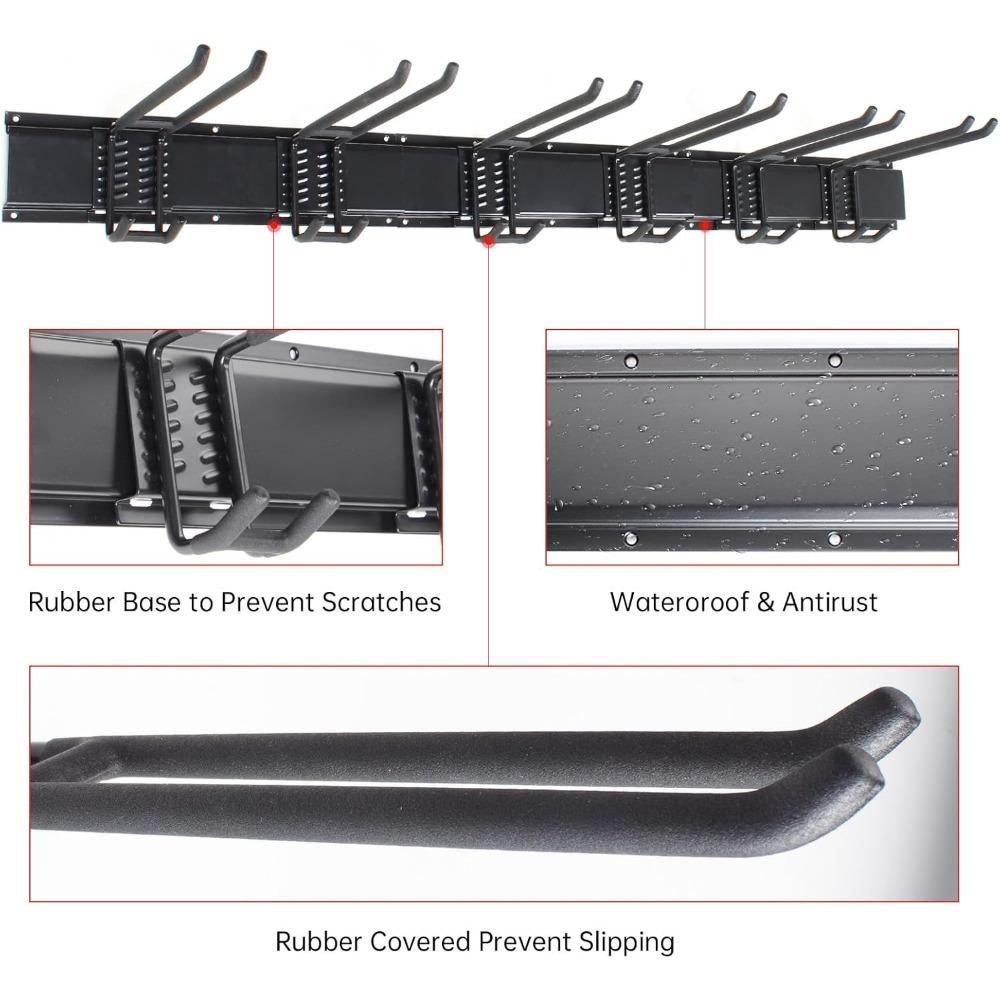 Garage Storage Rack Hooks, 48 Inch Heavy Duty Wall Mount Garage Organization with 3 Rails and 6 Adjustable Double Wall Hooks