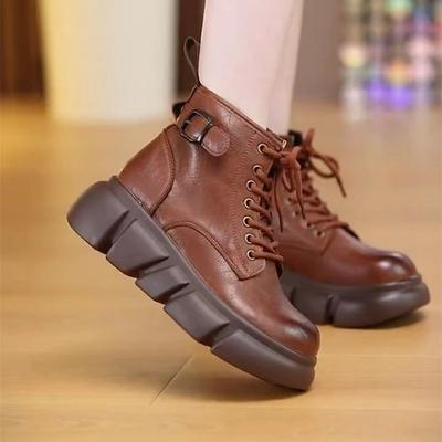 Thick-soled Martin Boots Women's 2025 Autumn and Winter New Casual High-top Real Soft Leather Retro Short Boots Muffin Slope Heel Heightening Boots